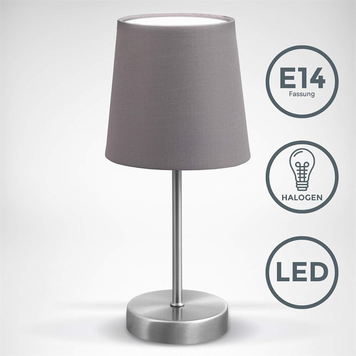 Silberne Tischlampe mit grauem Lampenschirm. Symbole für Leuchtmitteltypen: E14, Halogen und LED.