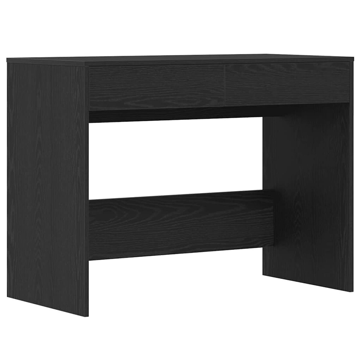 Schwarzer Holzschreibtisch mit zwei Schubladen und einem unteren Regal, vor weißem Hintergrund.