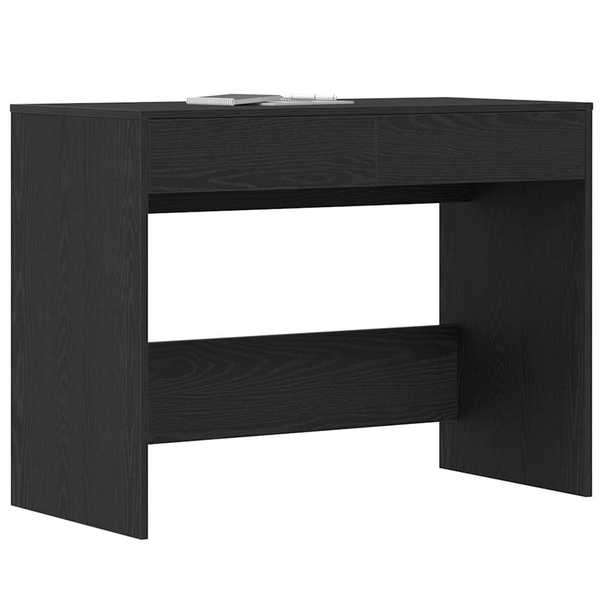 Schwarzer Schreibtisch mit zwei Schubladen und einem unteren Regal. Der Schreibtisch hat ein schlichtes, modernes Design.
