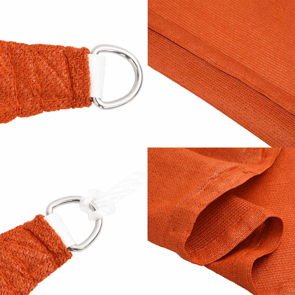 Nahaufnahme von orangefarbenem Stoff, D-Ringen und Befestigungen.