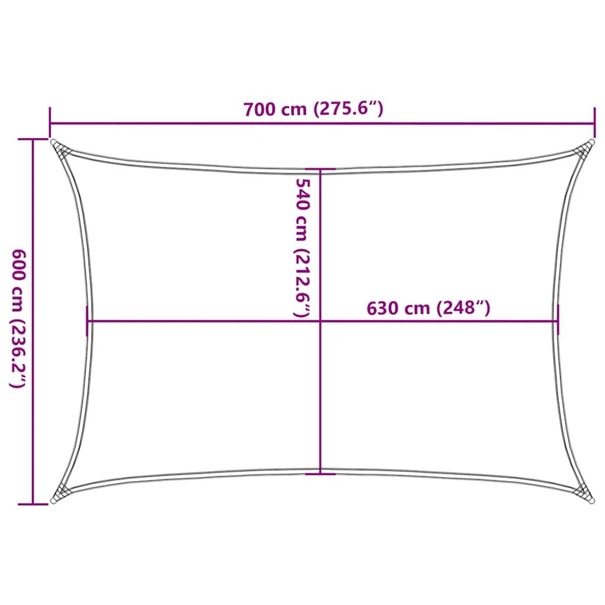 Vela ombreggiante rettangolare con dimensioni visualizzate. Vengono visualizzati 700 cm, 600 cm, 540 cm e 630 cm.