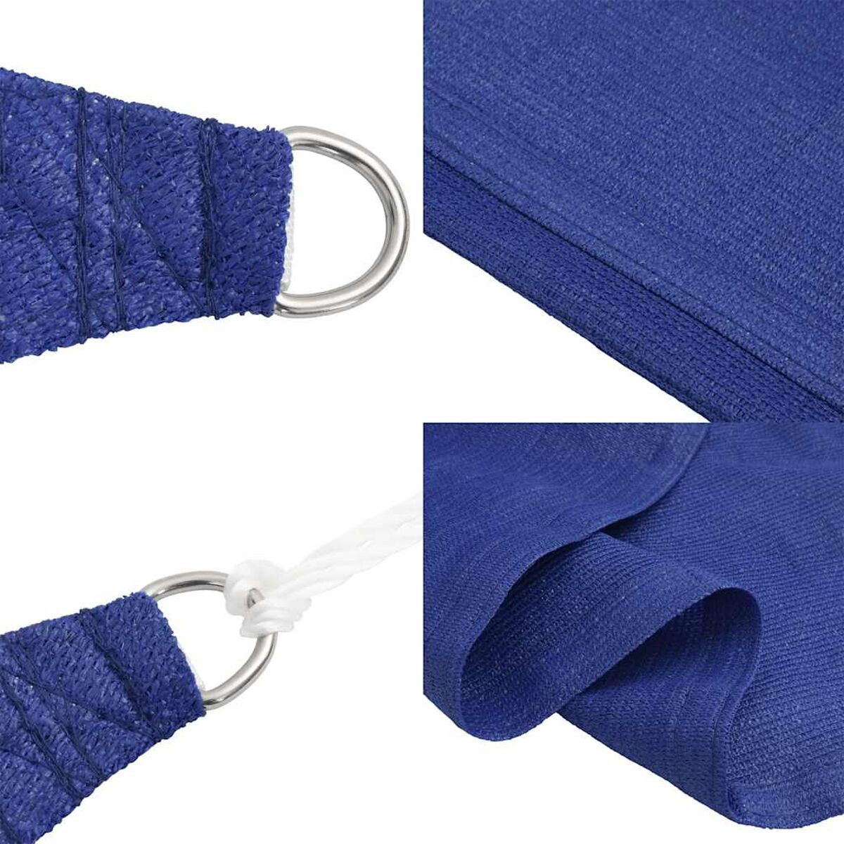 Primo piano di tessuto blu per vela parasole con anelli metallici e corda bianca.