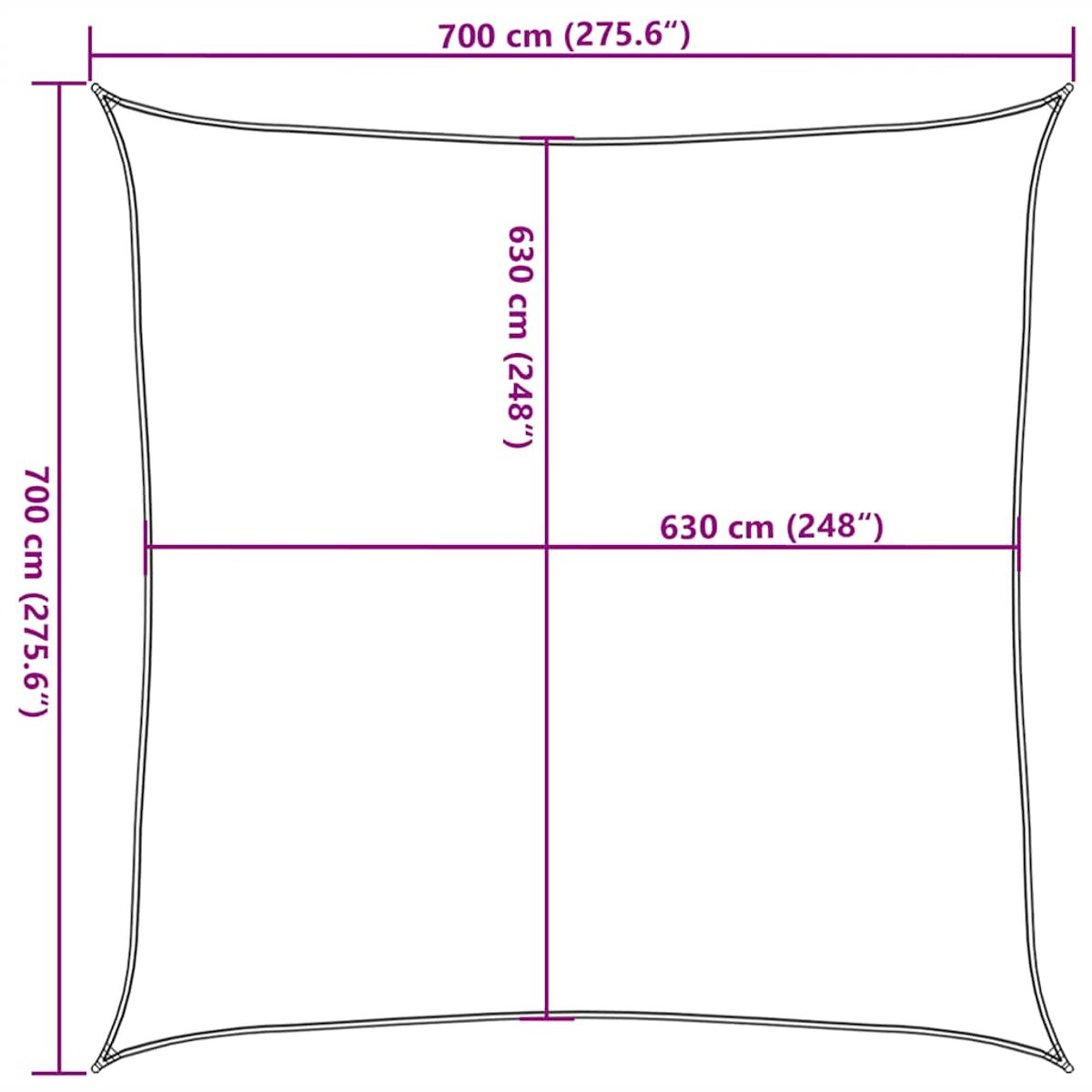 Vela parasole quadrata con dimensioni in cm, che mostra lunghezza e larghezza.