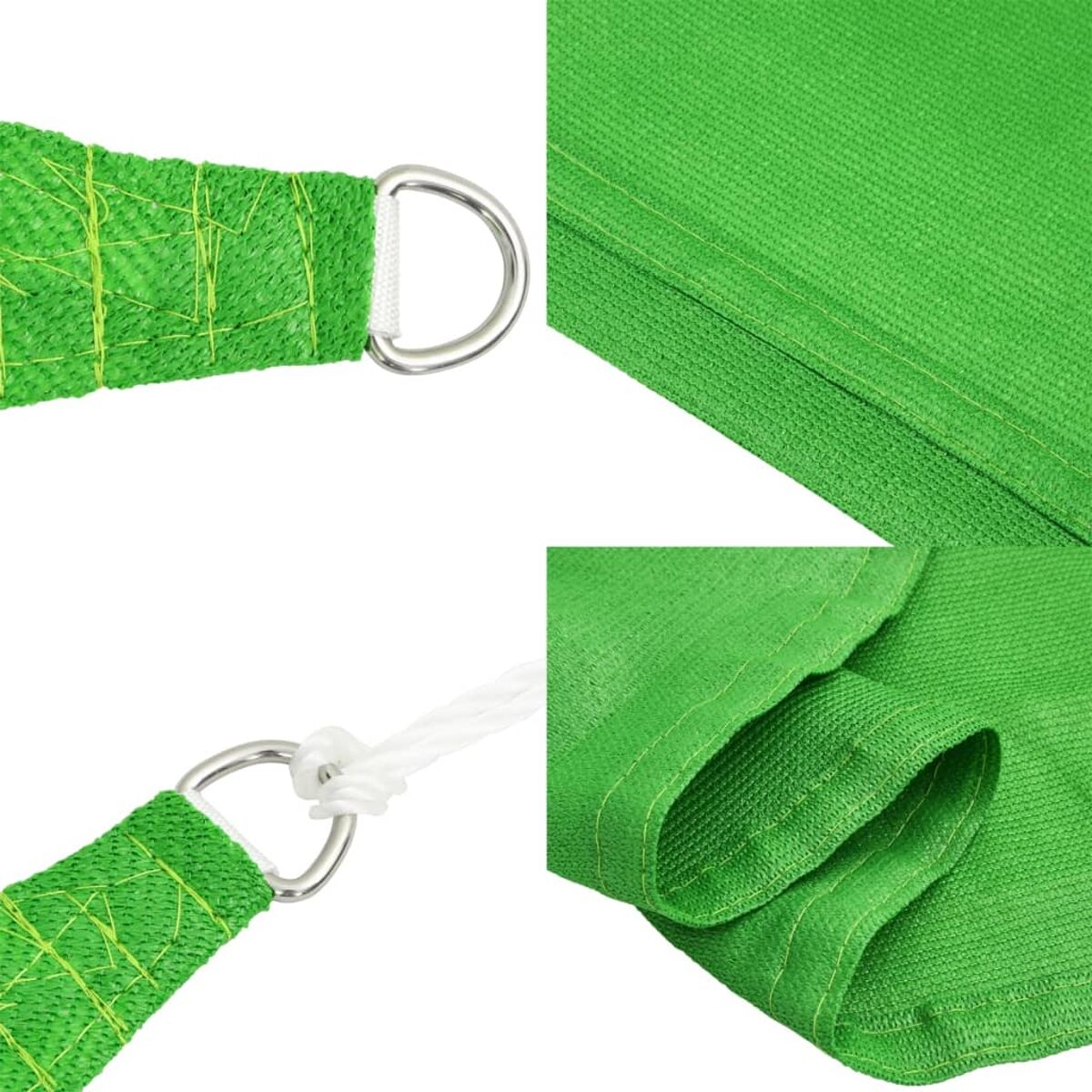 Primo piano di tessuto parasole verde con anelli metallici e bordi rinforzati.