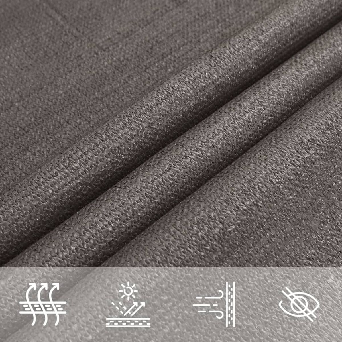 Nahaufnahme von grauem Stoff mit sichtbarer Textur. Symbole für Wind, Sonne und Auge unten.