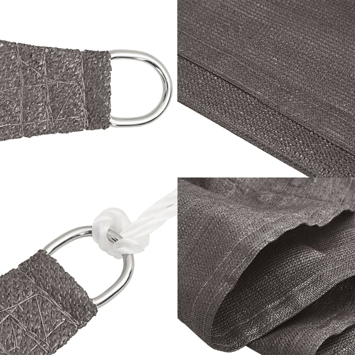 Nahaufnahme des Sonnenschutzmaterials. Grauer Stoff mit Metallringen und Seildetails.
