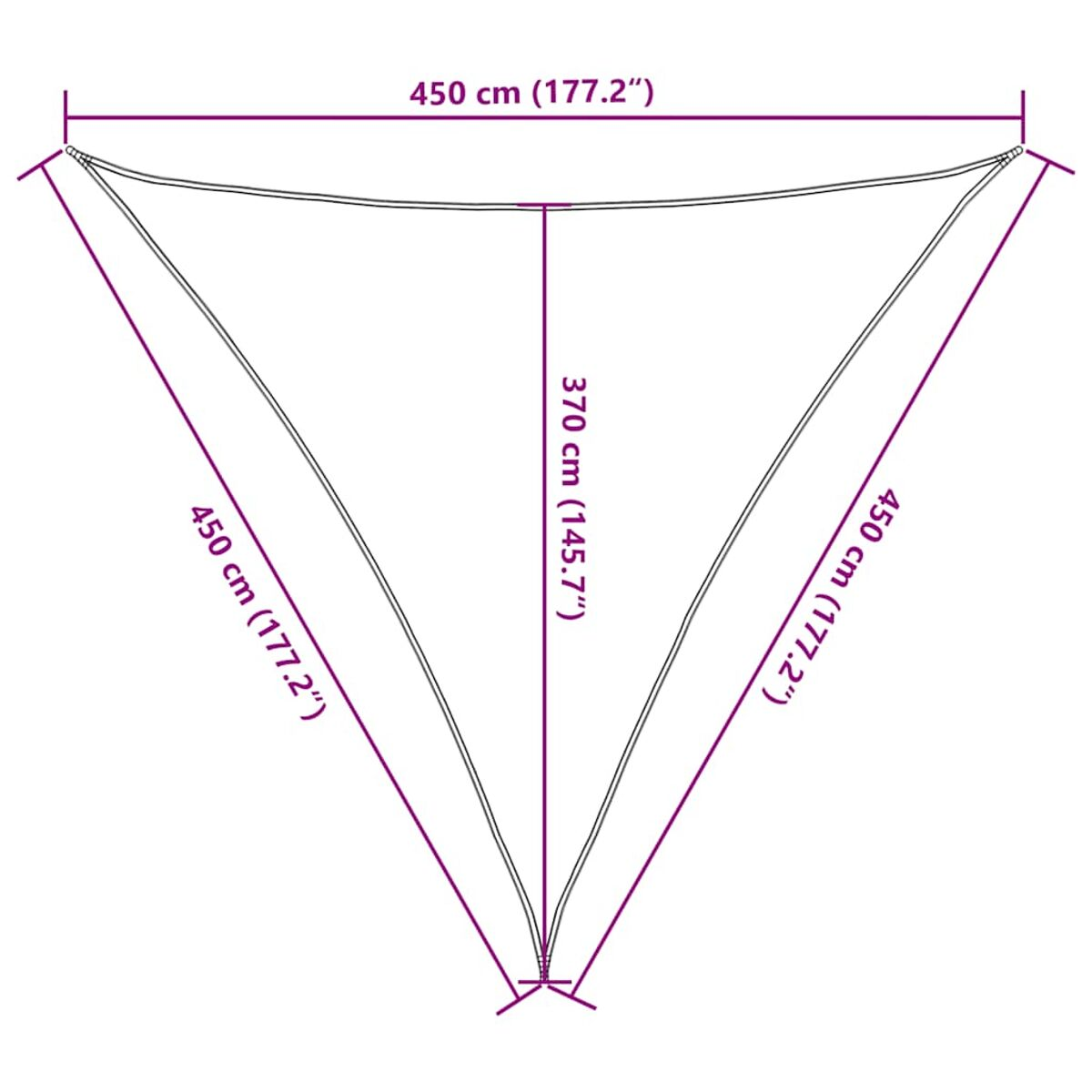 Una vela parasole triangolare bianca con dimensioni in cm.