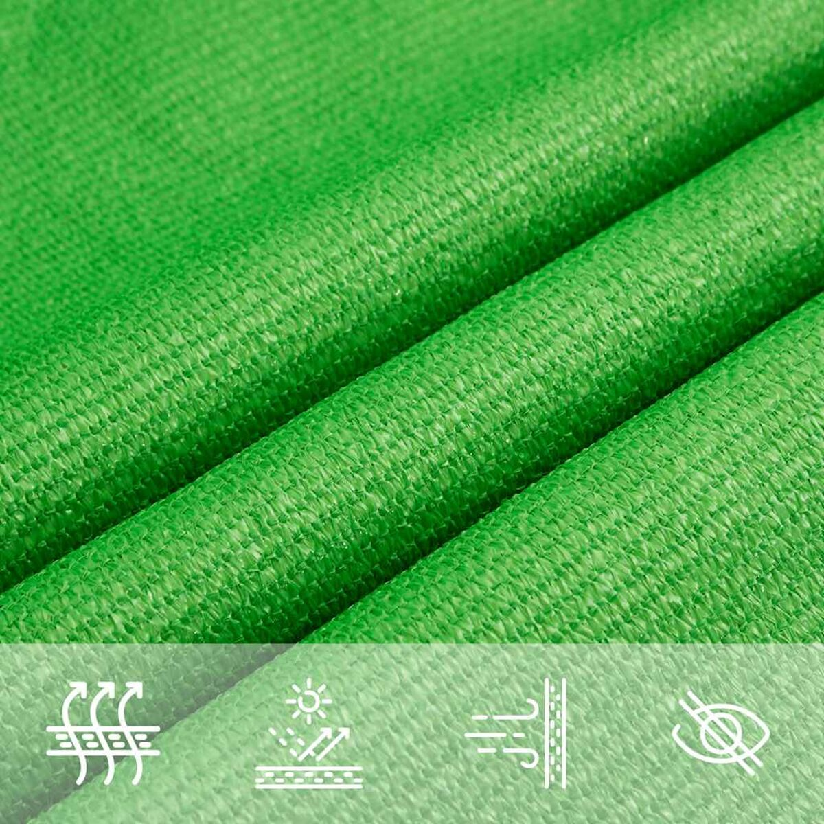 Primo piano di tessuto a rete verde. Icone: flusso d'aria, filtro luce, resistenza al vento.
