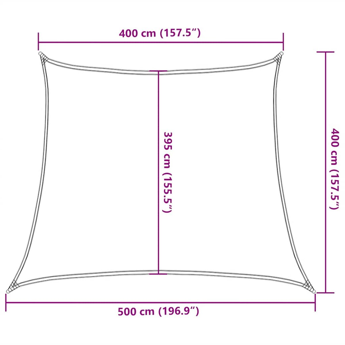 Tenda parasole quadrata con dimensioni in centimetri e pollici. Bianco con bordo scuro.