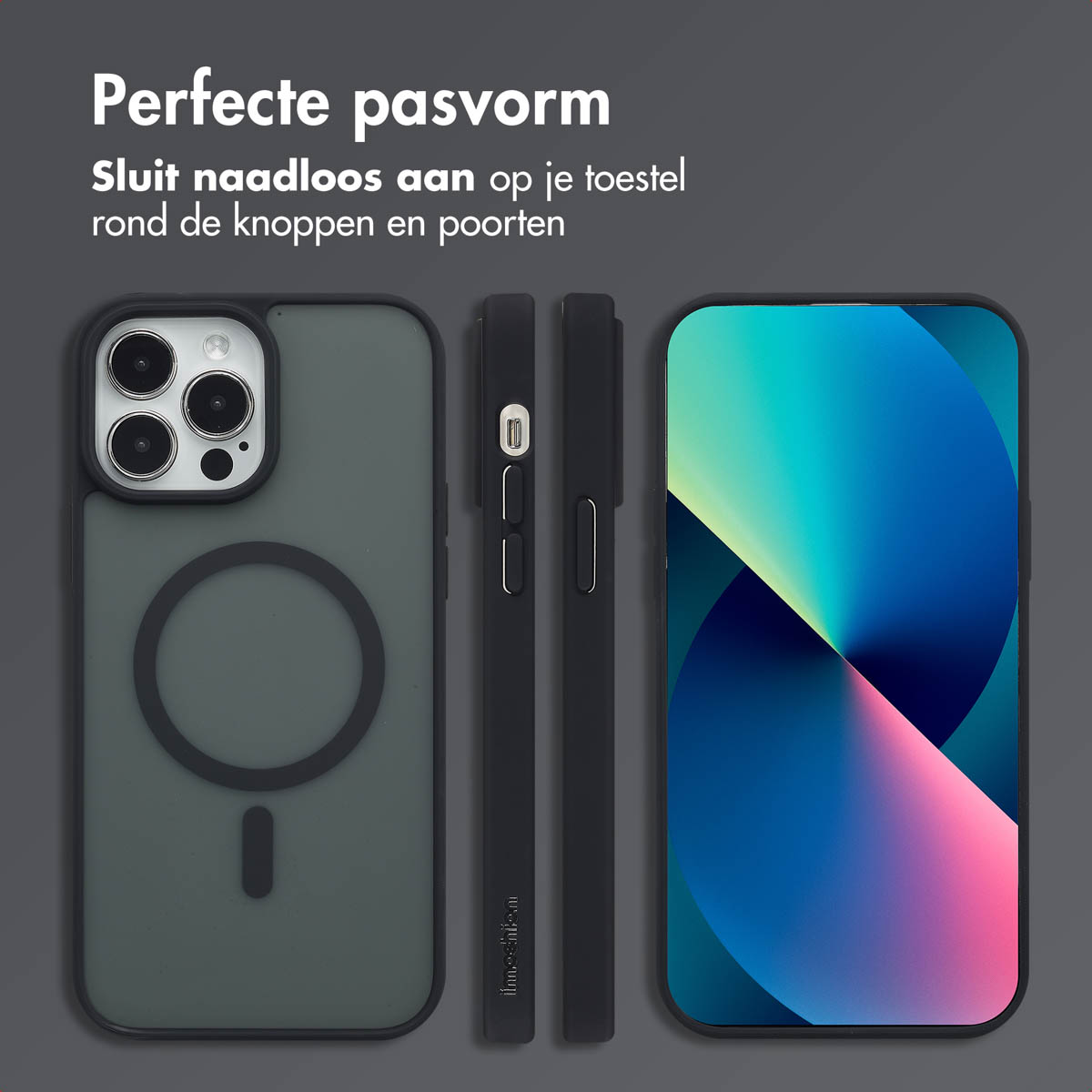 Telefoonhoesjes in zwart, die perfecte pasvorm tonen, met een MagSafe-cirkel en uitsparingen voor knoppen.
