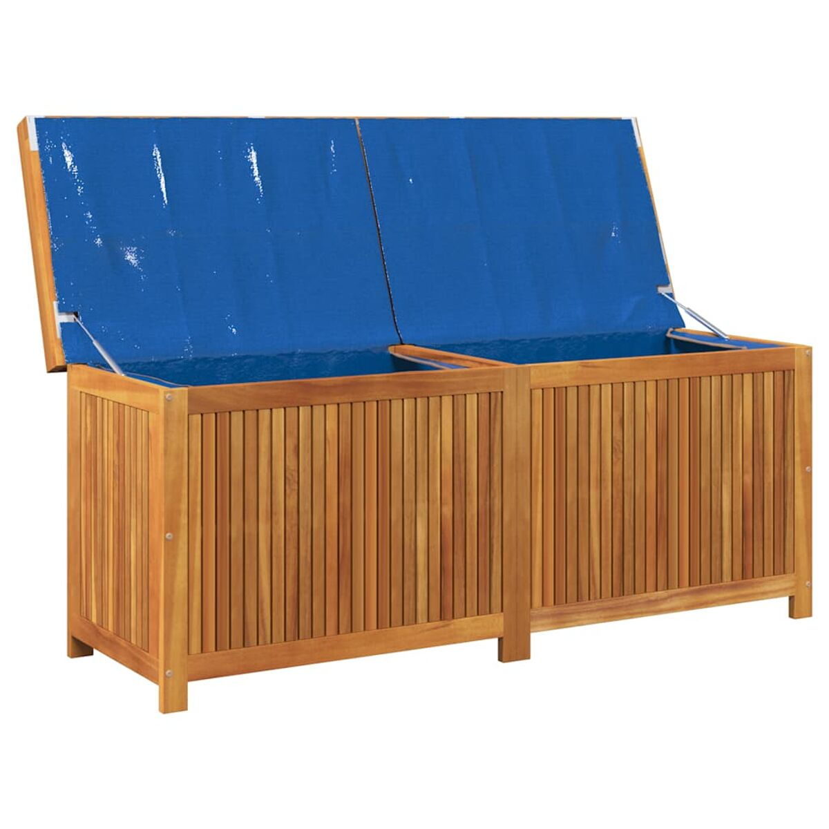 Holz-Außenaufbewahrungstruhe mit offenem blauen Innenraum, Holzlatten und Scharniere.