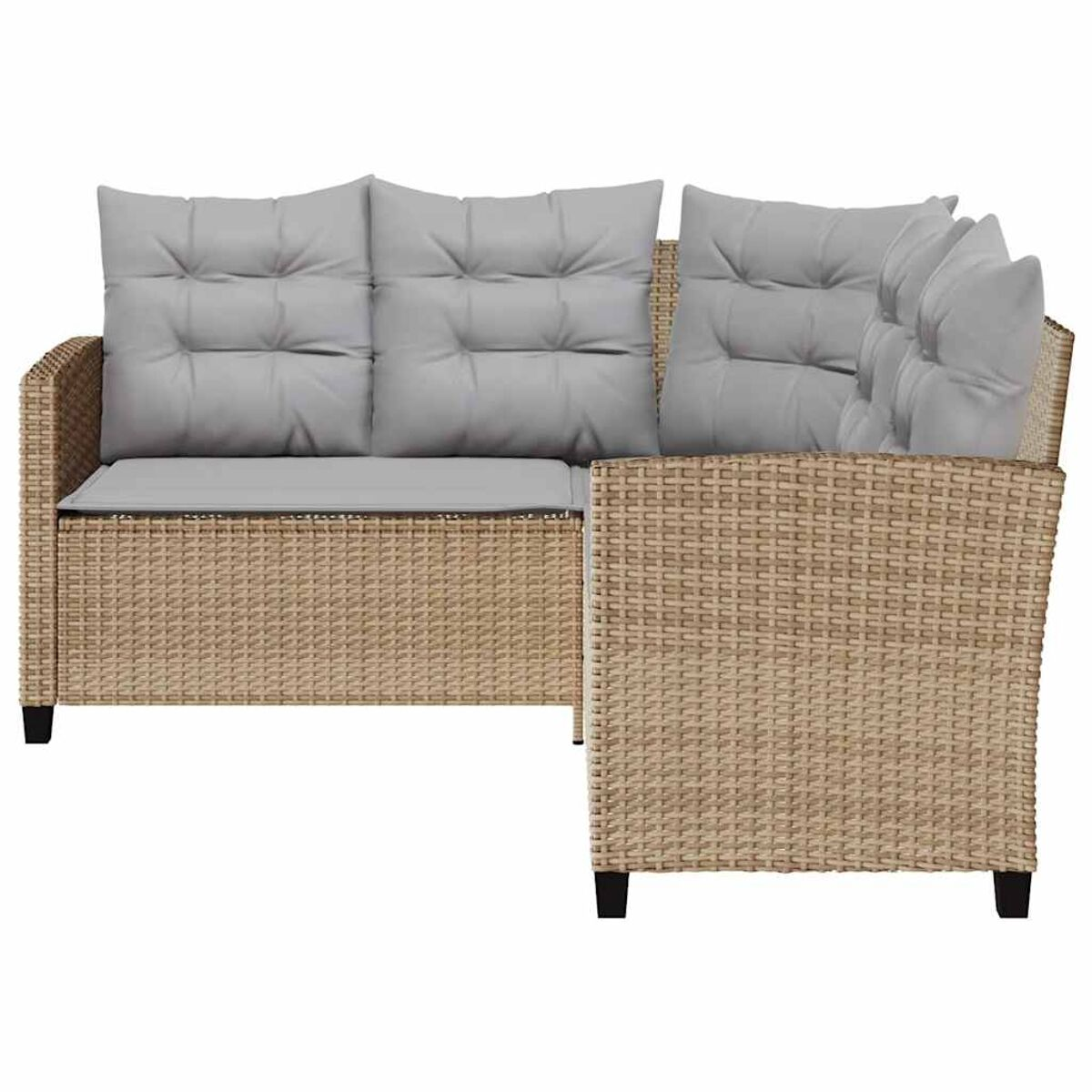 Divano componibile in rattan beige con cuscini grigi su sfondo bianco.