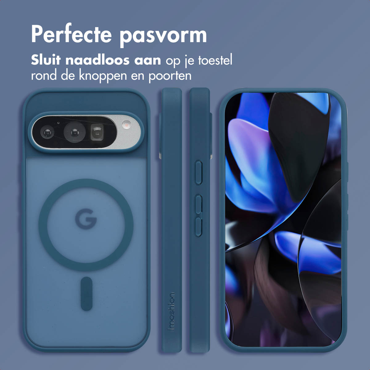 Telefoonhoes; blauw, drie aanzichten. Tekst: Perfecte pasvorm. Telefooncontour zichtbaar. Blauwe bloemenachtergrond.