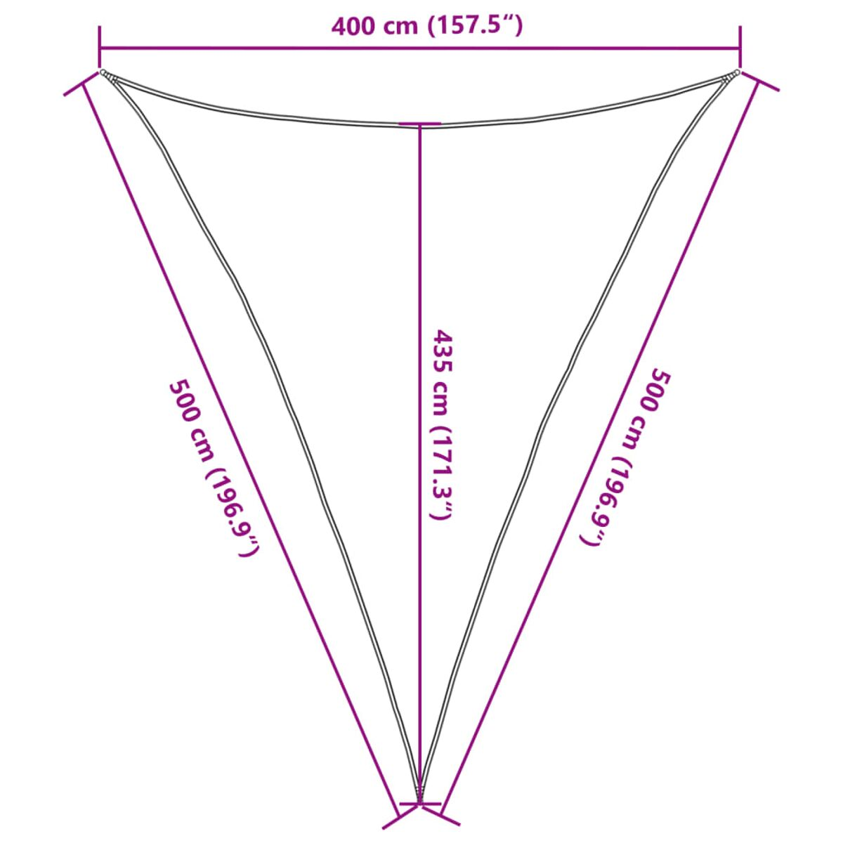 Parasole triangolare bianco, con dimensioni in cm e pollici, su sfondo bianco.