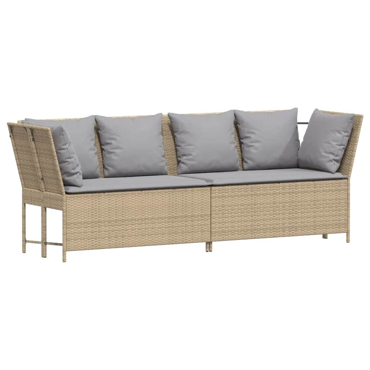 Divano beige a due posti con cuscini grigi, dal design semplice e moderno.