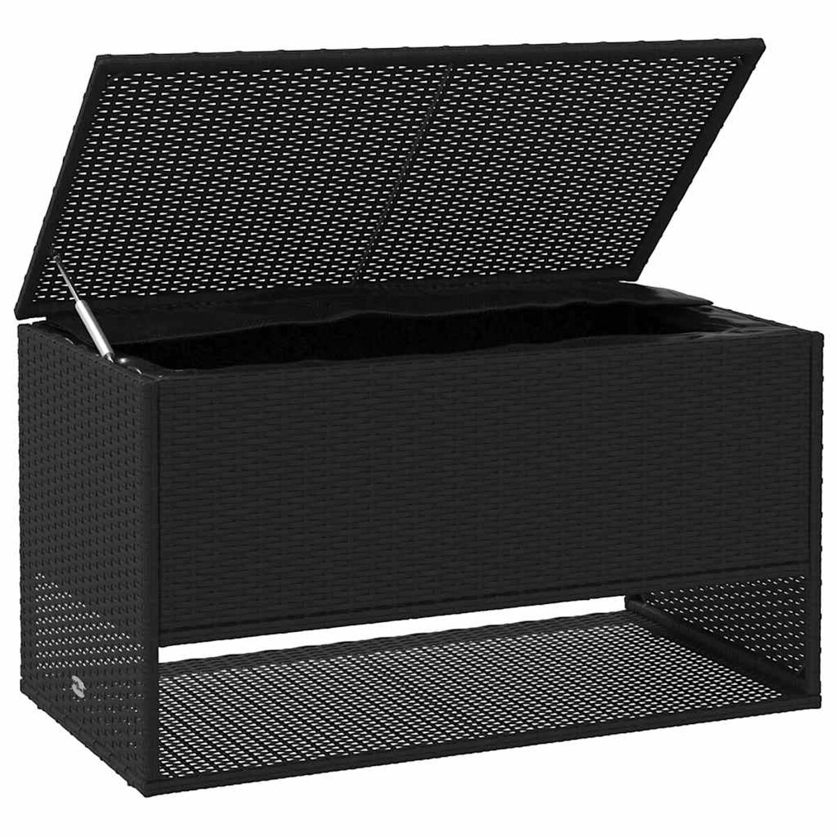 Eine schwarze, gewebte Outdoor-Aufbewahrungsbox mit offenem Deckel, die das Innere und Details des Gewebes zeigt.