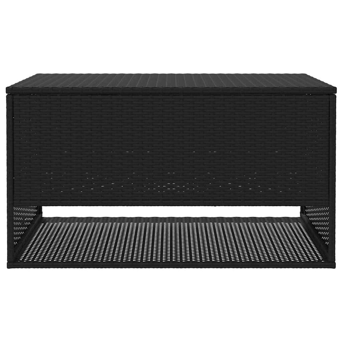 Schwarze Aufbewahrungsbox mit gewebtem Muster. Die Box hat ein Metallgestell am Boden.