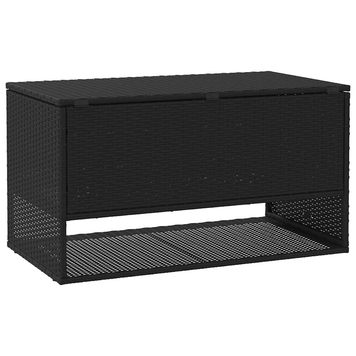 Eine schwarze Aufbewahrungsbox im Rattan-Stil mit Deckel und offenem Boden. Weißer Hintergrund.