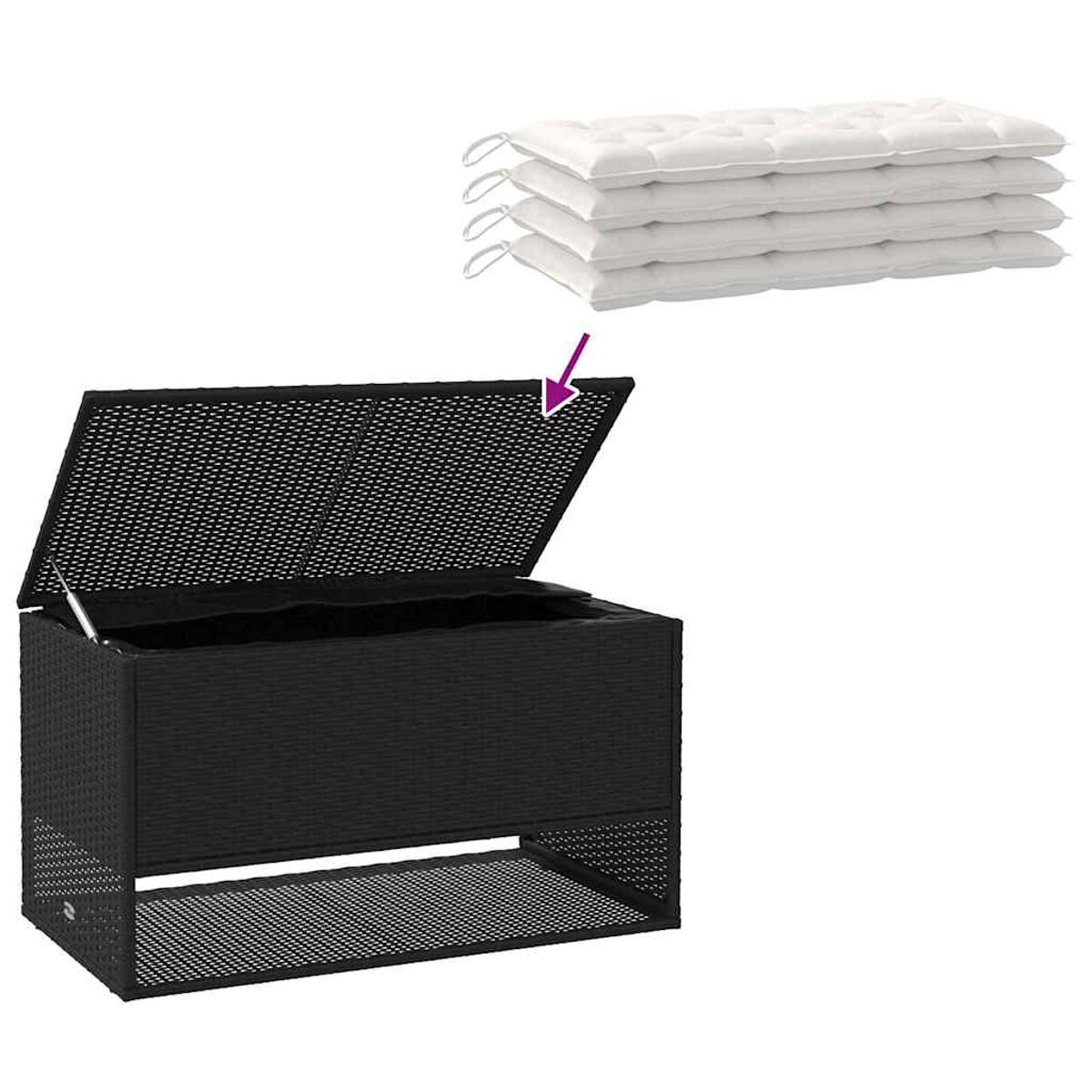 Schwarze Outdoor-Aufbewahrungsbox mit weißen Kissen oben drauf.