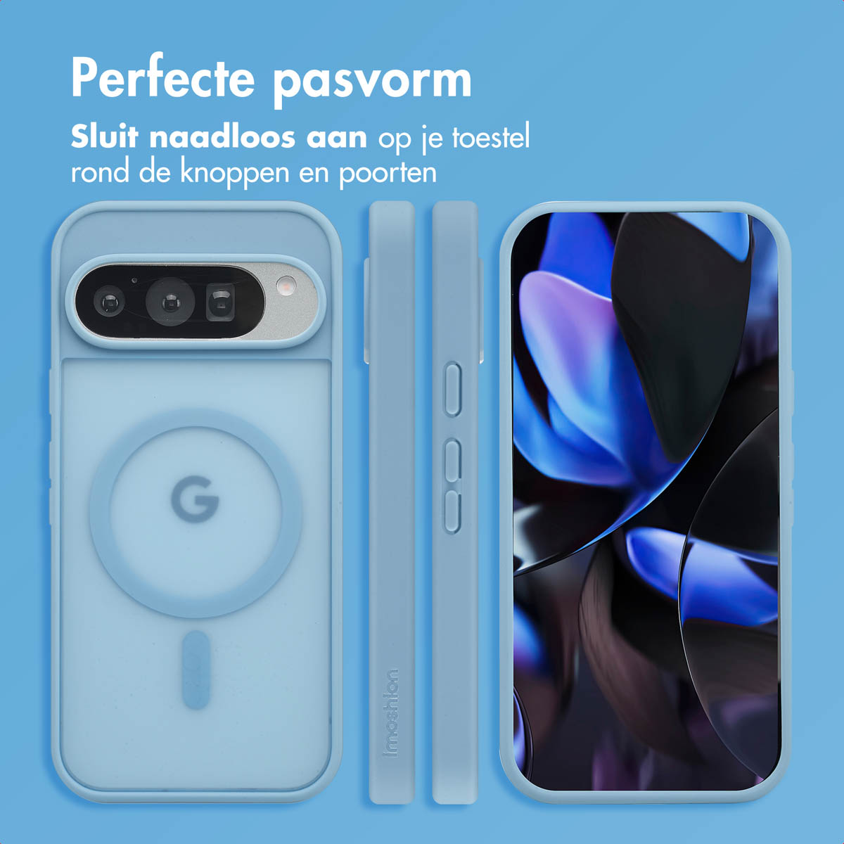 Trois coques de téléphone bleu clair, montrant l'avant, le côté et l'arrière.
