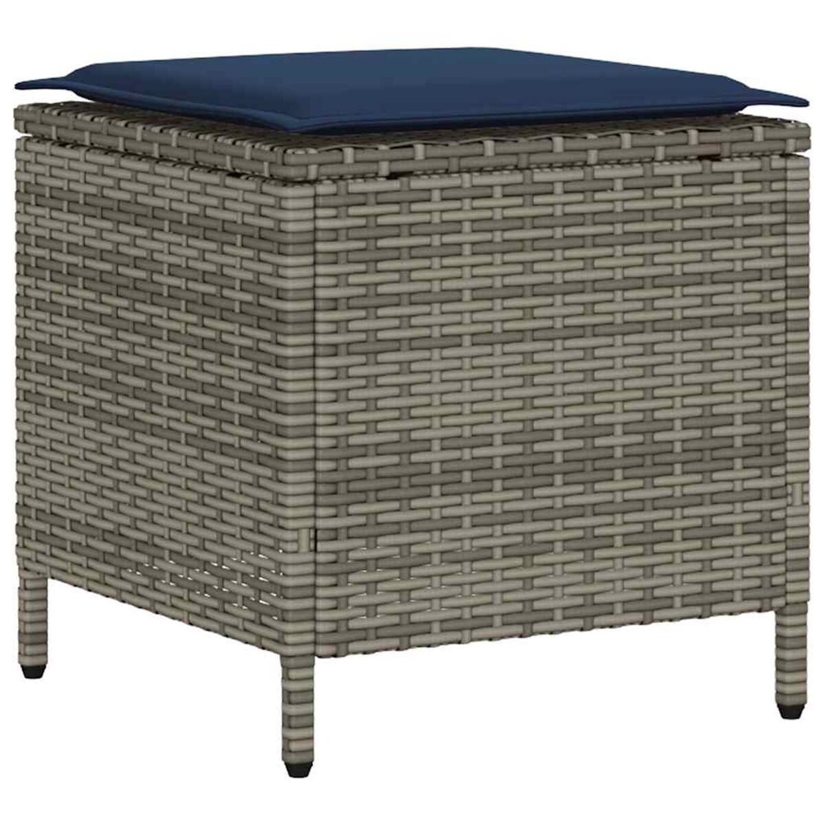 Cubo contenitore intrecciato grigio e bianco con un cuscino blu sopra. Ha quattro gambe corte.