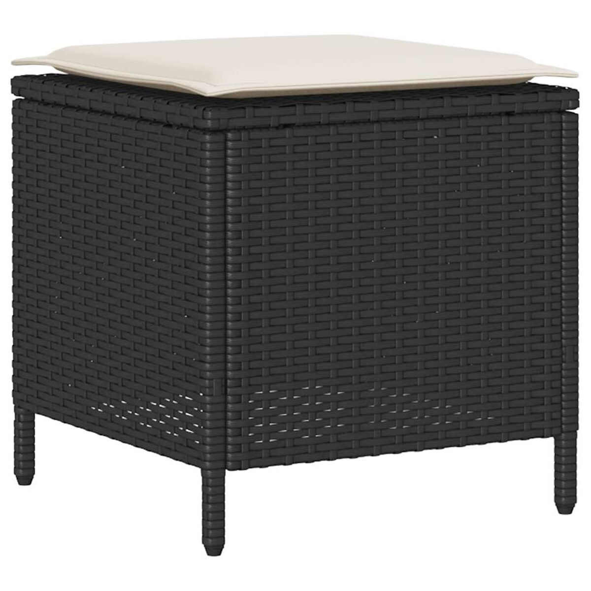 Pouf nero tessuto con cuscino bianco.