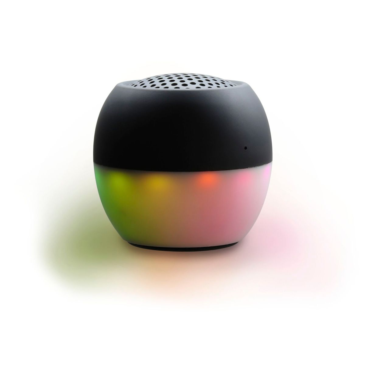 Czarny głośnik w kształcie jaja z podstawą zmieniającą kolor, na białym tle.