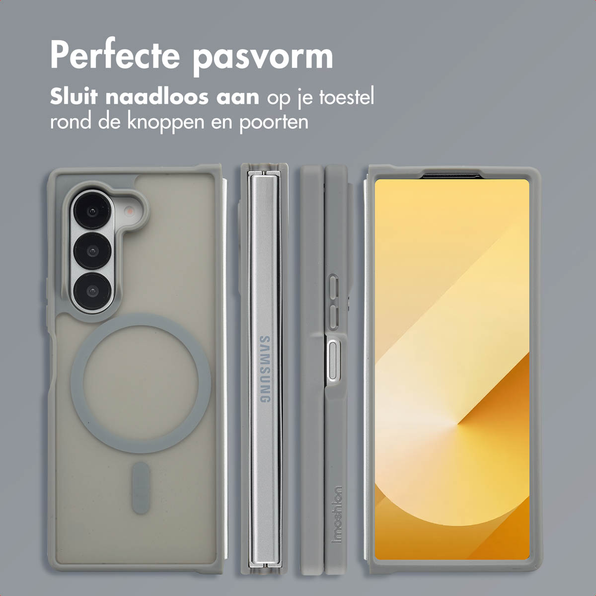 Hand die een telefoon met hoes vasthoudt. De hoes is zwart met een cirkel. De hoes heeft een ingebouwde magneet.