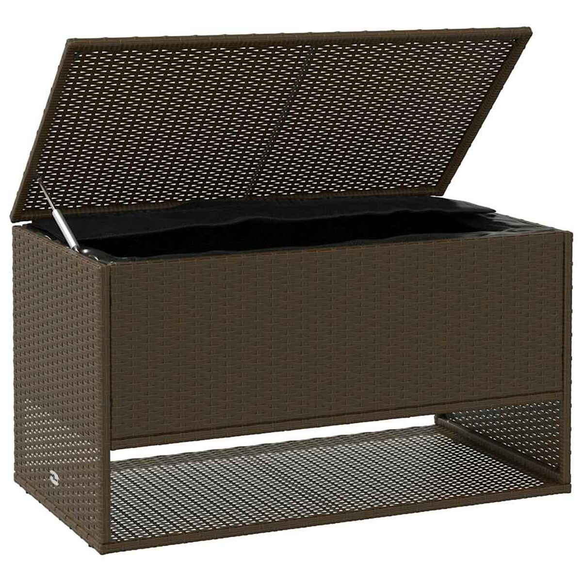 Braune Rattan-Aufbewahrungsbox, Deckel offen. Innen, schwarzes Futter. Metallrahmen unten sichtbar.