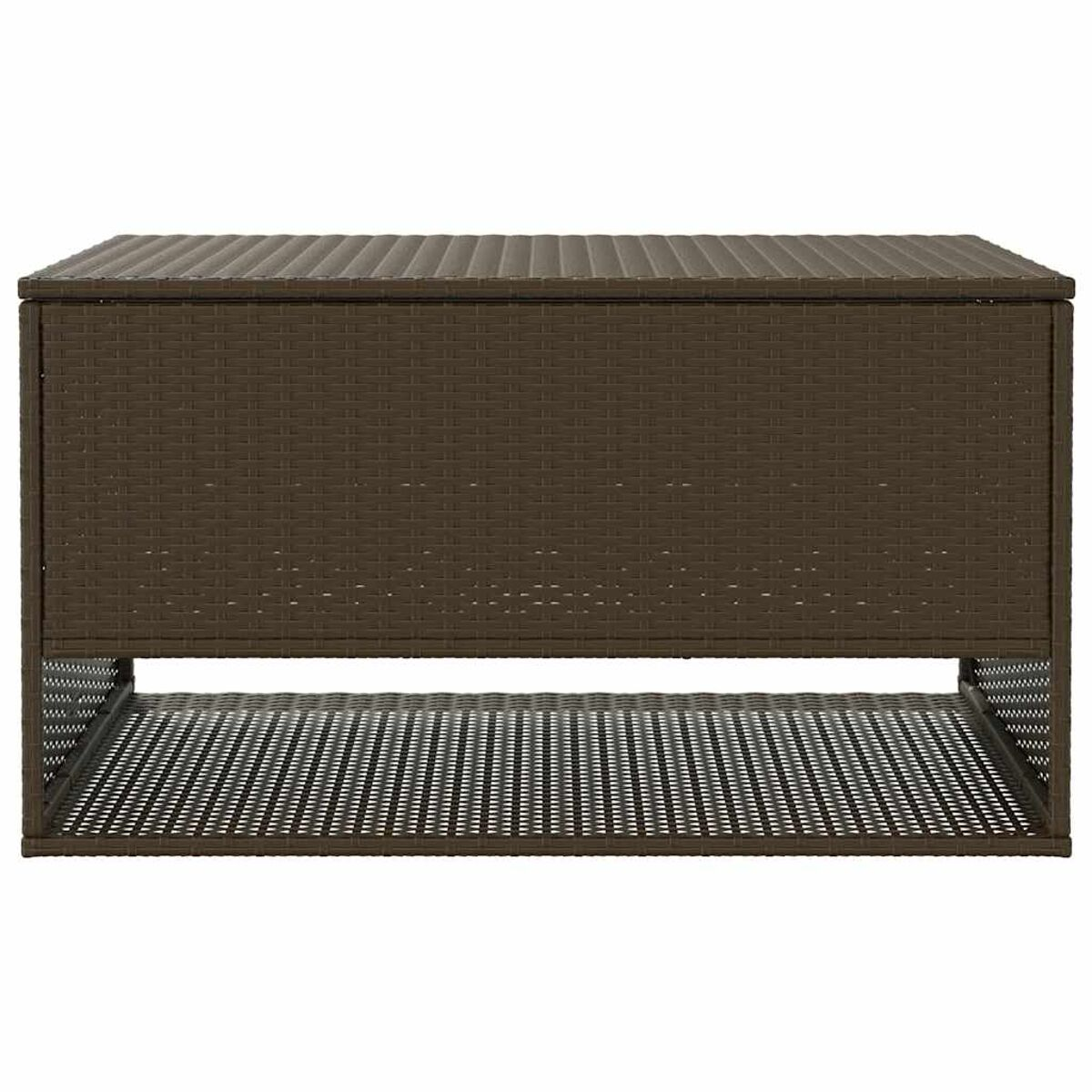 Eine braune gewebte Aufbewahrungsbank mit Deckel und Metallgestell.