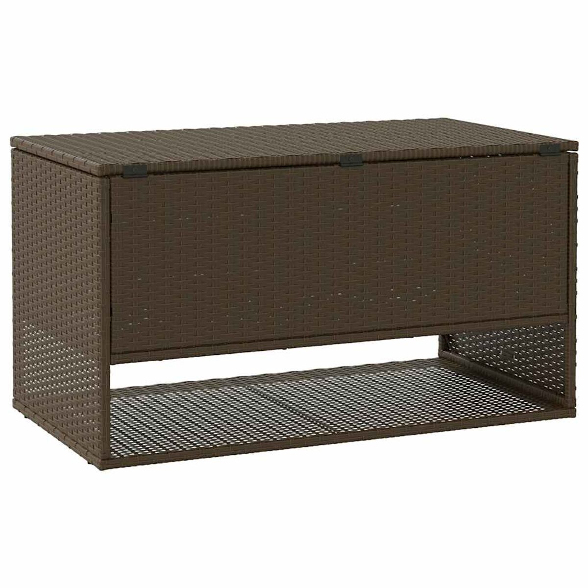 Braune, gewebte Outdoor-Aufbewahrungsbox mit Metallrahmen, rechteckige Form.