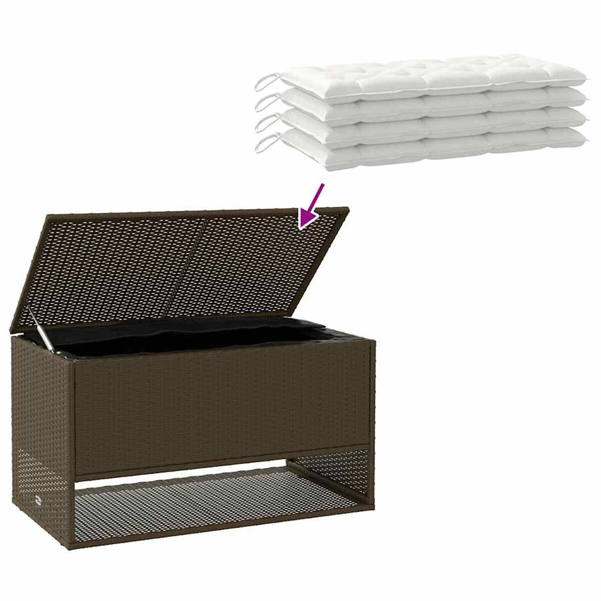 Wicker Outdoor-Aufbewahrungsbox mit weißen Kissen. Es hat ein schwarzes Innere.