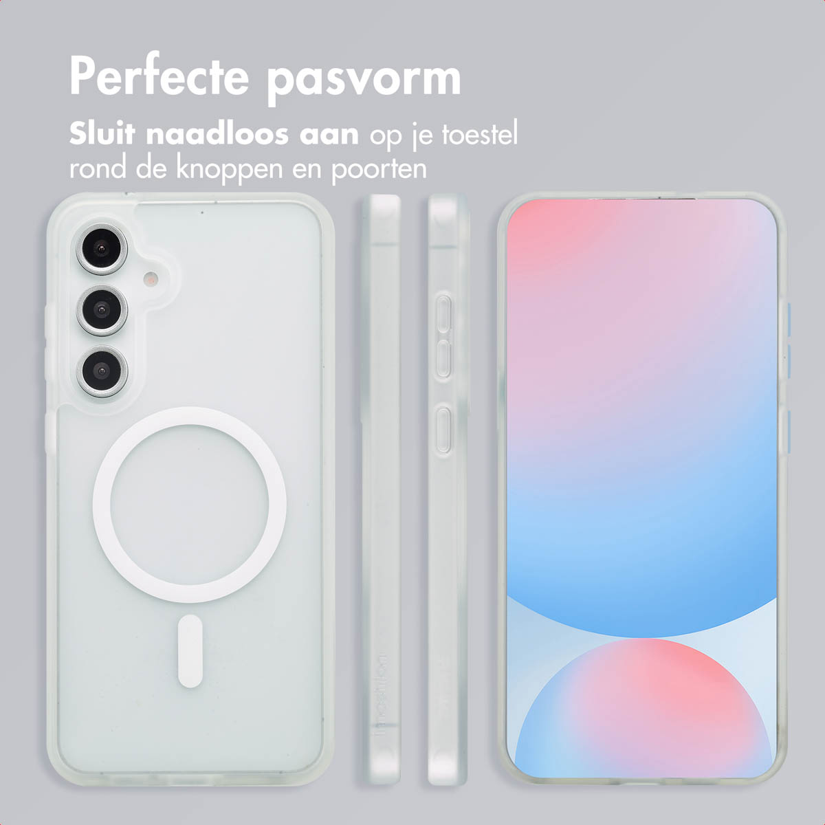 Drie telefoonhoesjes in verschillende weergaven, een witte hoes met MagSafe-ring, tekst: Perfecte pasvorm.