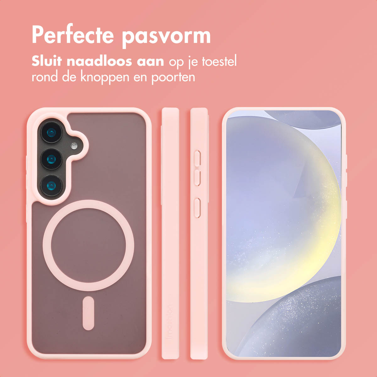 Roze telefoonhoes en schermbeschermer op een roze achtergrond.