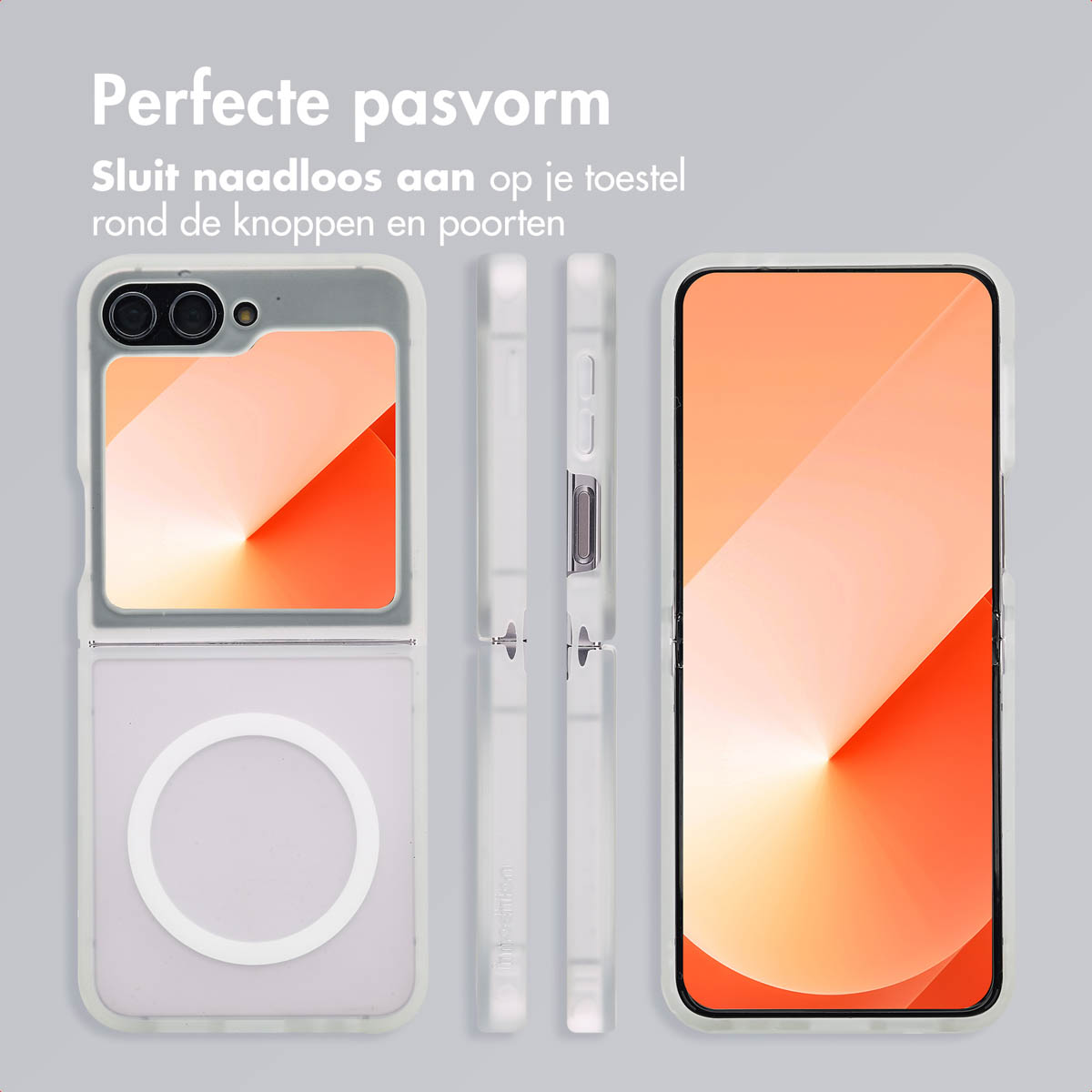 Drie telefoonhoesjes in verschillende weergaven, een witte hoes met MagSafe-ring, tekst: Perfecte pasvorm.