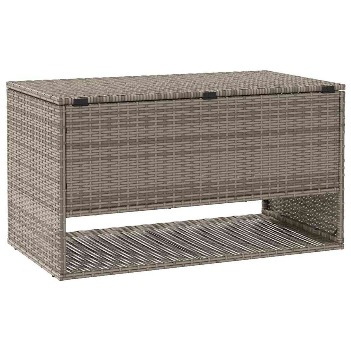 Graue, gewebte Outdoor-Aufbewahrungsbox mit rechteckiger Form und offenem Regal.