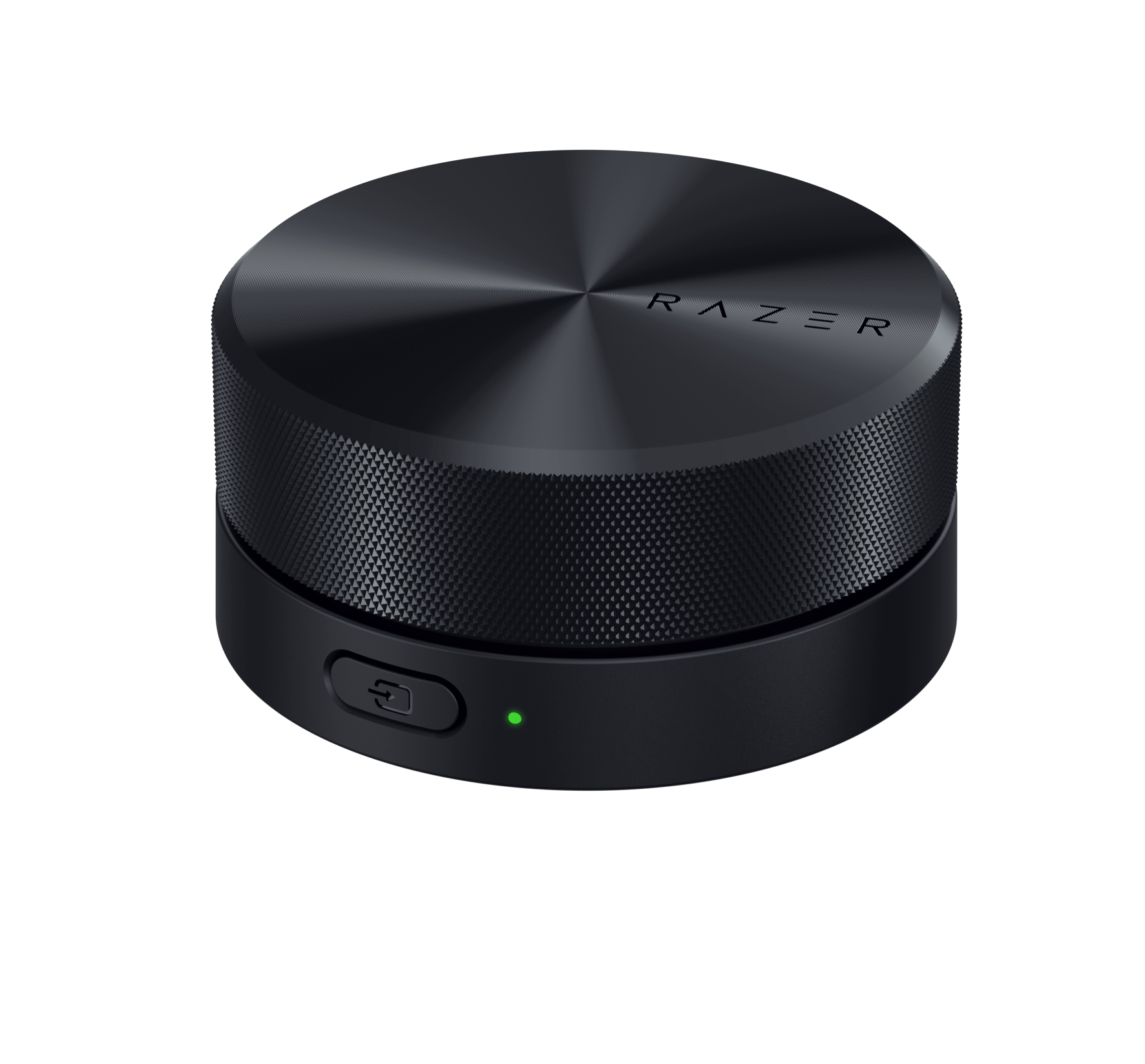 Een zwart Razer-accessoire met het Razer-logo en een aan/uit-knop.
