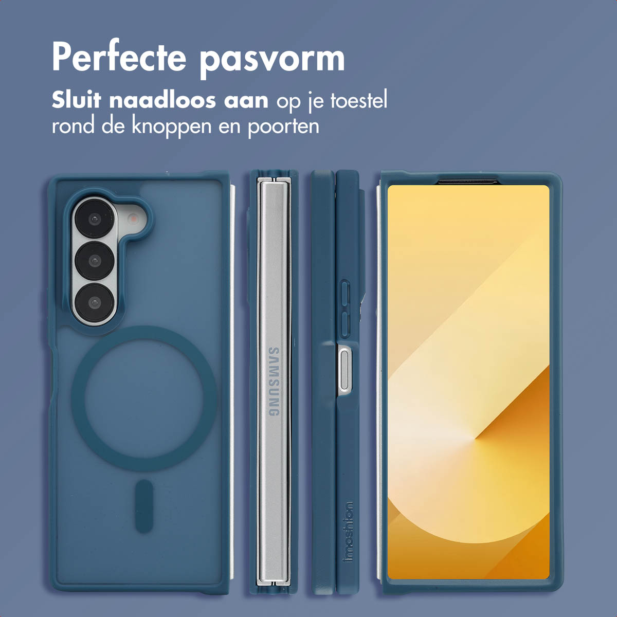 Telefoonhoesjes in donkerblauw, die perfecte pasvorm tonen, met een MagSafe-cirkel en uitsparingen voor knoppen.