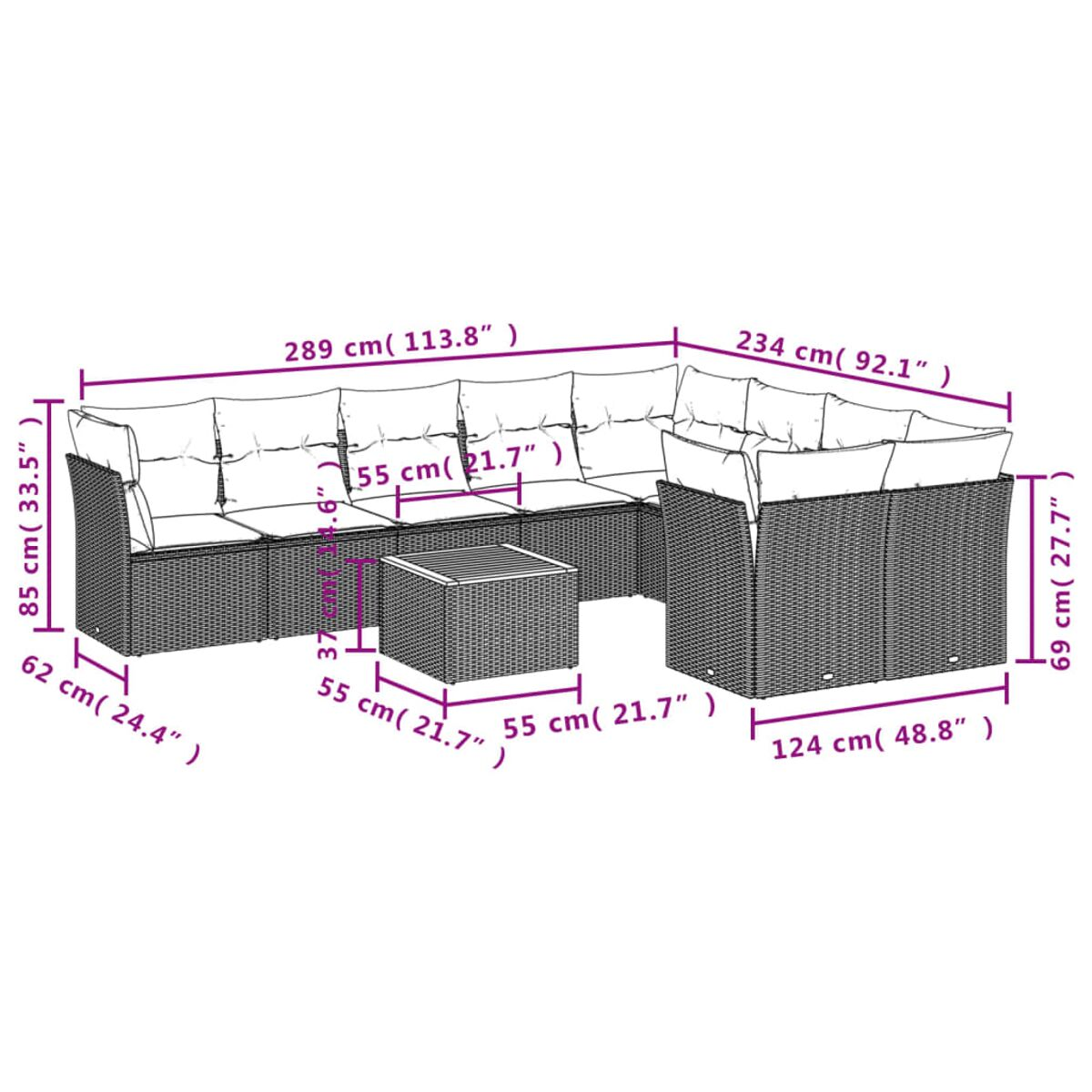 Geflochtenes Outdoor-Sofa-Set mit Maßen, inklusive Tisch.