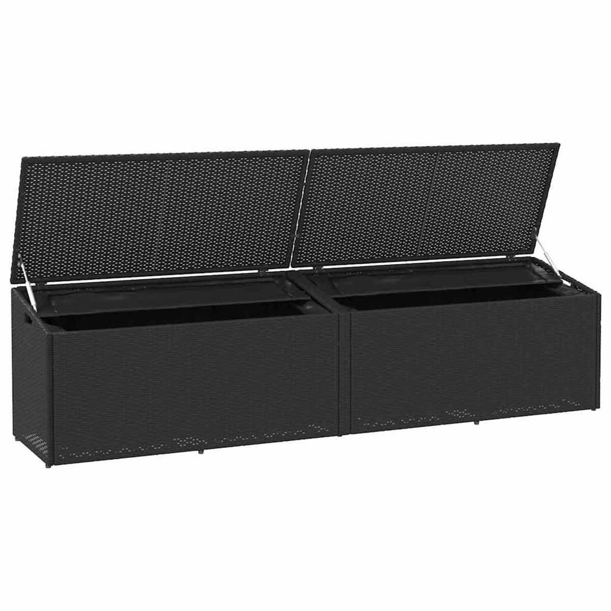 Schwarze Rattan-Aufbewahrungsbox, zwei Deckel offen. Zwei separate Fächer innen sichtbar.