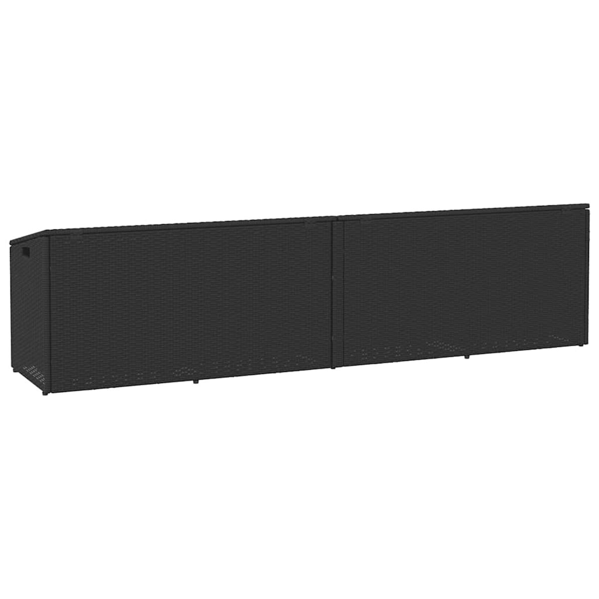 Lange, schwarze, gewebte Rattan-Aufbewahrungseinheit mit schlichtem Design.