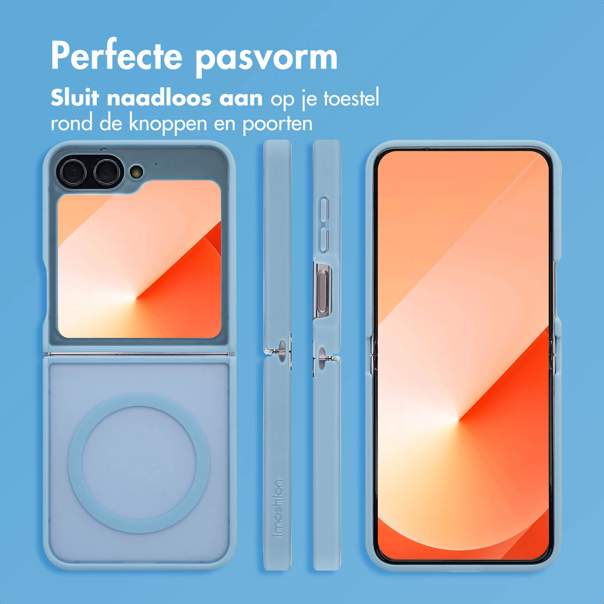 Opvouwbare telefoon in blauwe hoes met cirkel. Telefoon open en dicht.