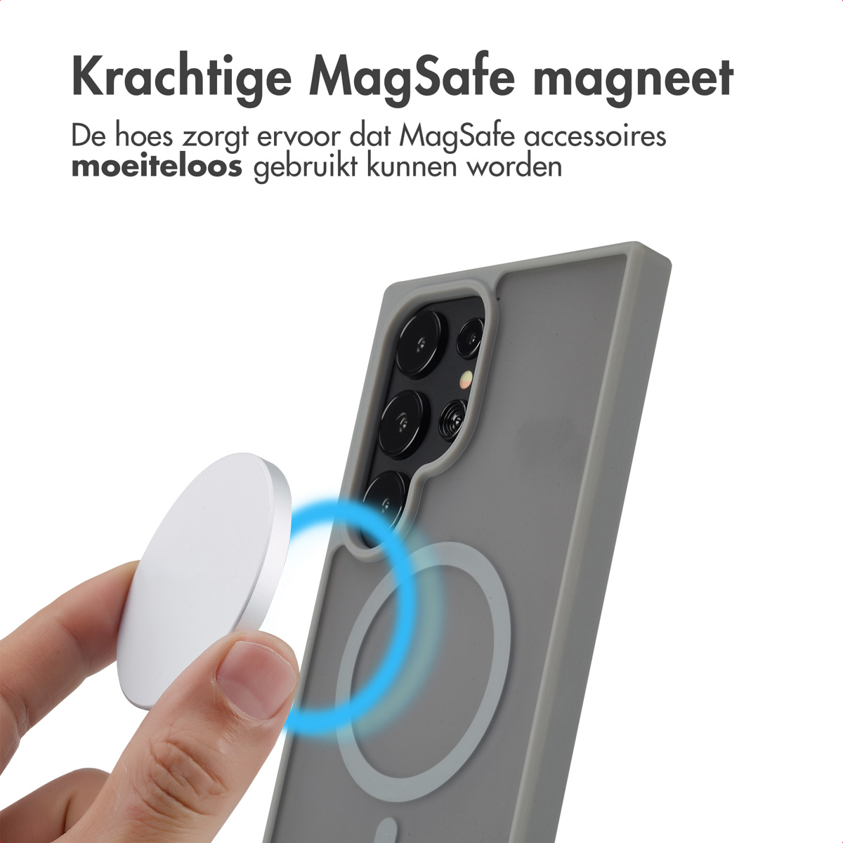 Een telefoonhoesje met een witte schijf in de buurt, met een blauwe cirkel. Tekst: 'MagSafe-magneet'.