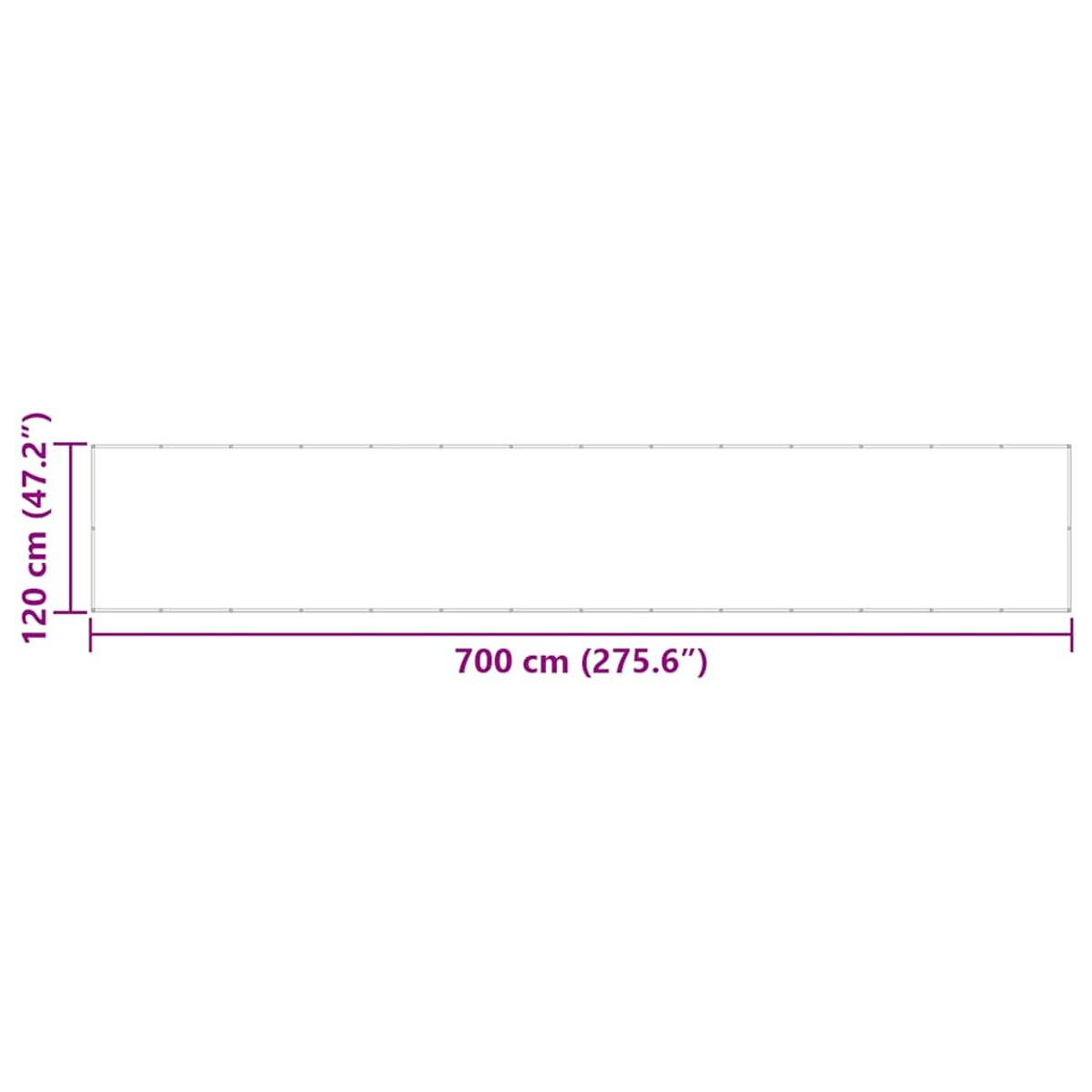 Diagramma di un oggetto rettangolare largo. È lungo 700 cm e largo 120 cm, con misure visualizzate.