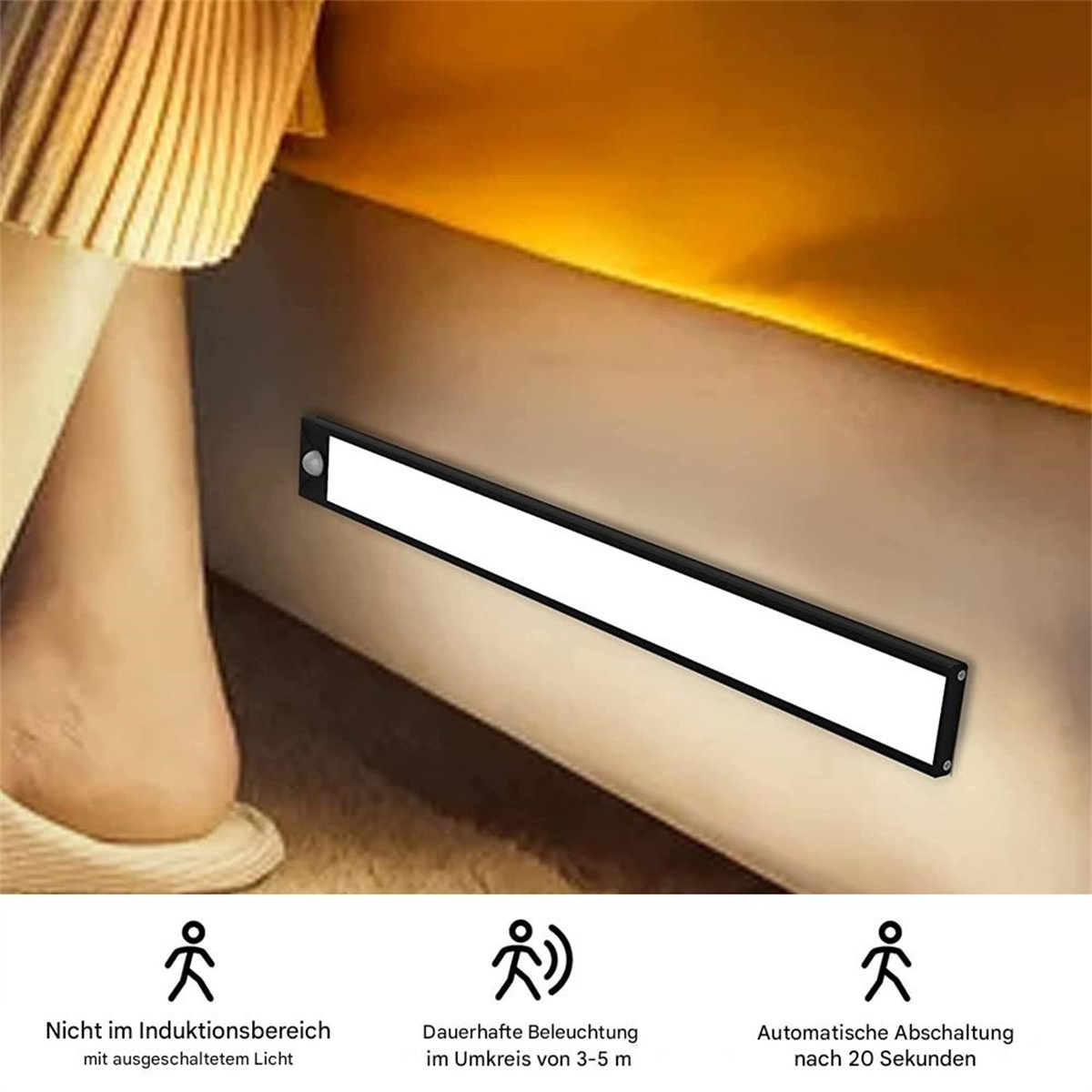 Unterbettlicht, zeigt Sensor, Licht und Informationssymbole.