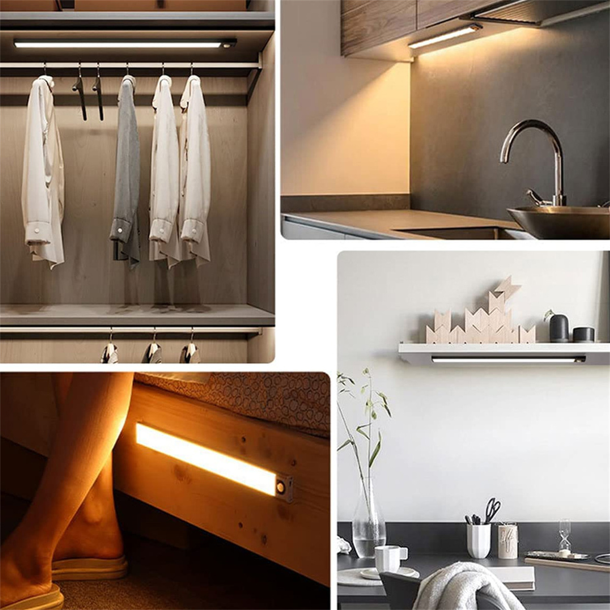 Eine Collage von Bildern, die LED-Streifen in verschiedenen Umgebungen zeigen: Schrank, Küche, Bett und Regal.
