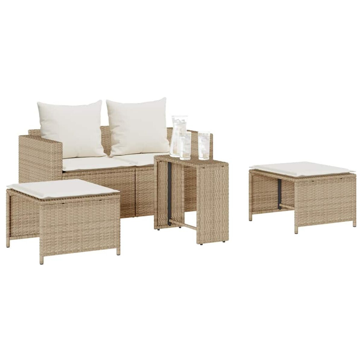 Garnitur aus Weide für den Außenbereich. Enthält ein Zweisitzer-Sofa, einen Tisch und zwei Fußhocker.