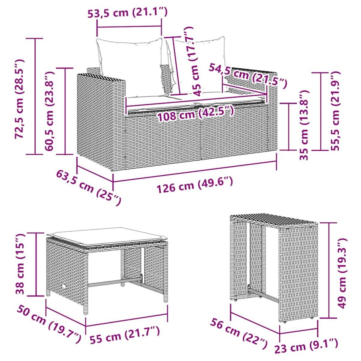 Diagramm eines Rattansofas und zweier Tische, mit Abmessungen in cm.