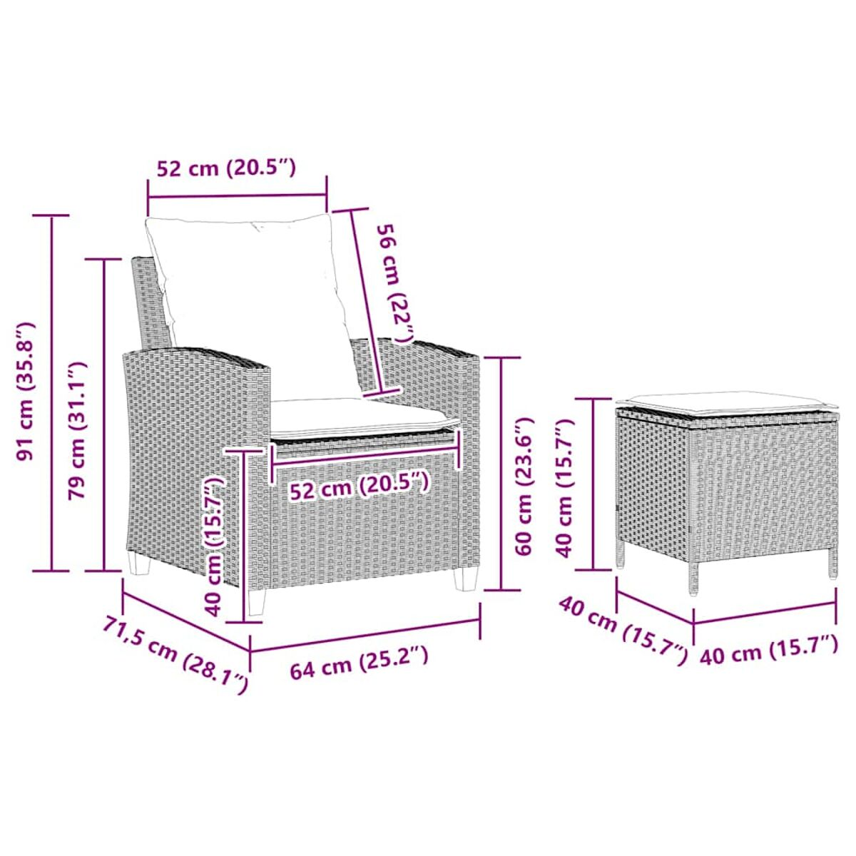 Una sedia e un tavolino in vimini con dimensioni. La sedia ha un cuscino bianco.
