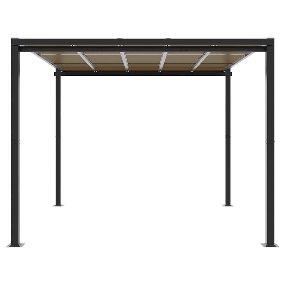 Schwarze Metallpergola mit braunem Stoffdach vor weißem Hintergrund.